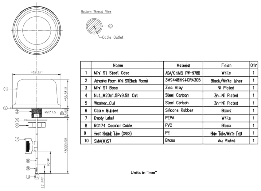 Mechanical Drawing - Taoglas XAHP.60 Colosseum X Permanent-Mount Active Antenna